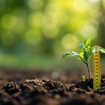 Young tree planted in soil next to a measuring tape, symbolizing carbon insetting in textile supply chains.
