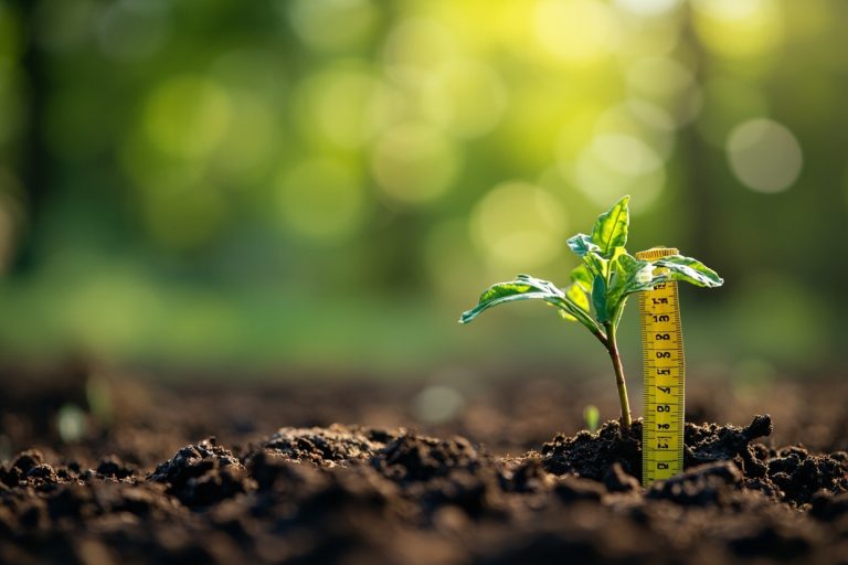 Young tree planted in soil next to a measuring tape, symbolizing carbon insetting in textile supply chains.