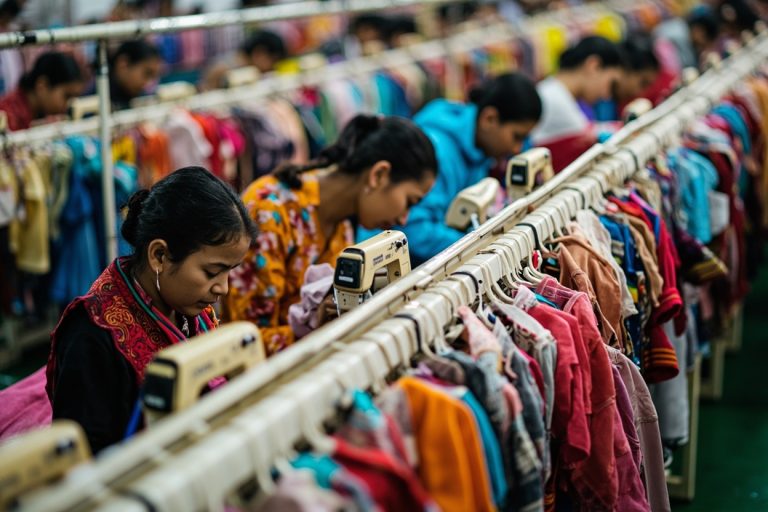 Garment factory production line with workers sewing children's outerwear, organized workstations.