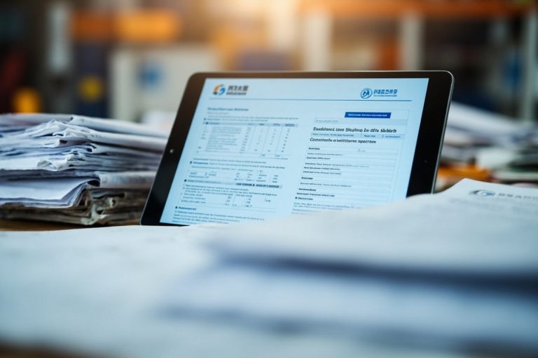 Stacked shipping paperwork with a digital tablet displaying customs forms, freight forwarding office setting.