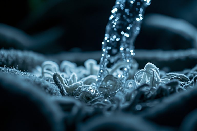 Synthetic fleece fabric showing microfibers shedding under running water, environmental laboratory setting.