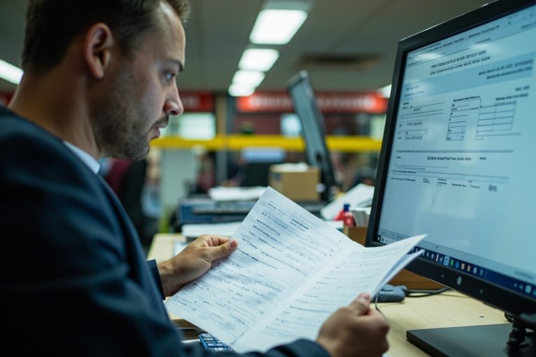 Customs broker reviewing export documents at a busy customs office with computer screen showing tax refund forms.