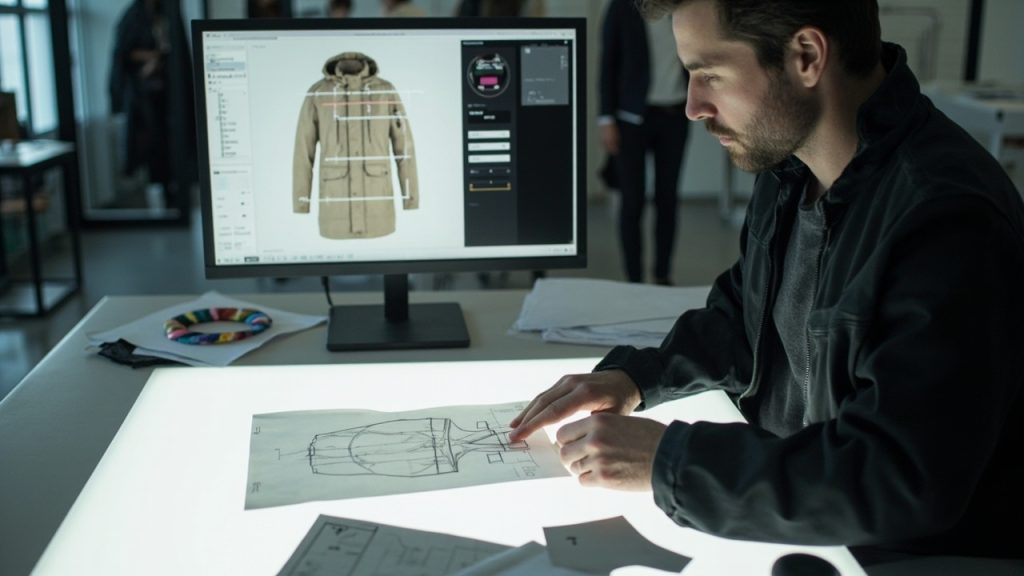 Designer reviewing jacket tech pack and CAD pattern drawings
