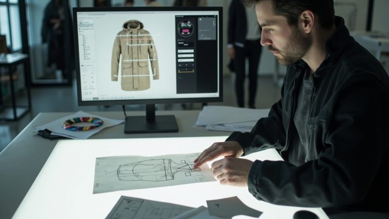Designer reviewing jacket tech pack and CAD pattern drawings