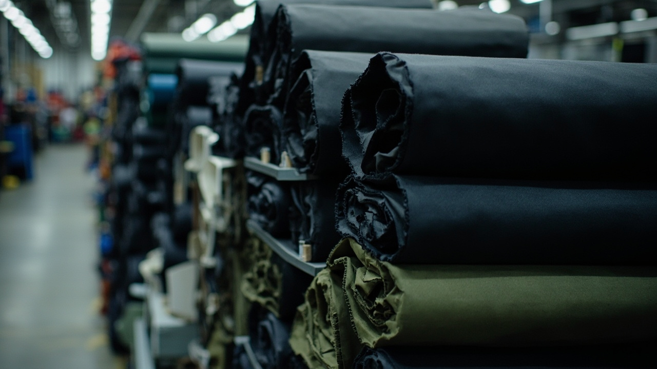 Custom Jacket Manufacturing Workflow: How Production Travels from Tech Pack to Russia 2 Stacked rolls of jacket shell fabric in navy and charcoal in a garment factory warehouse