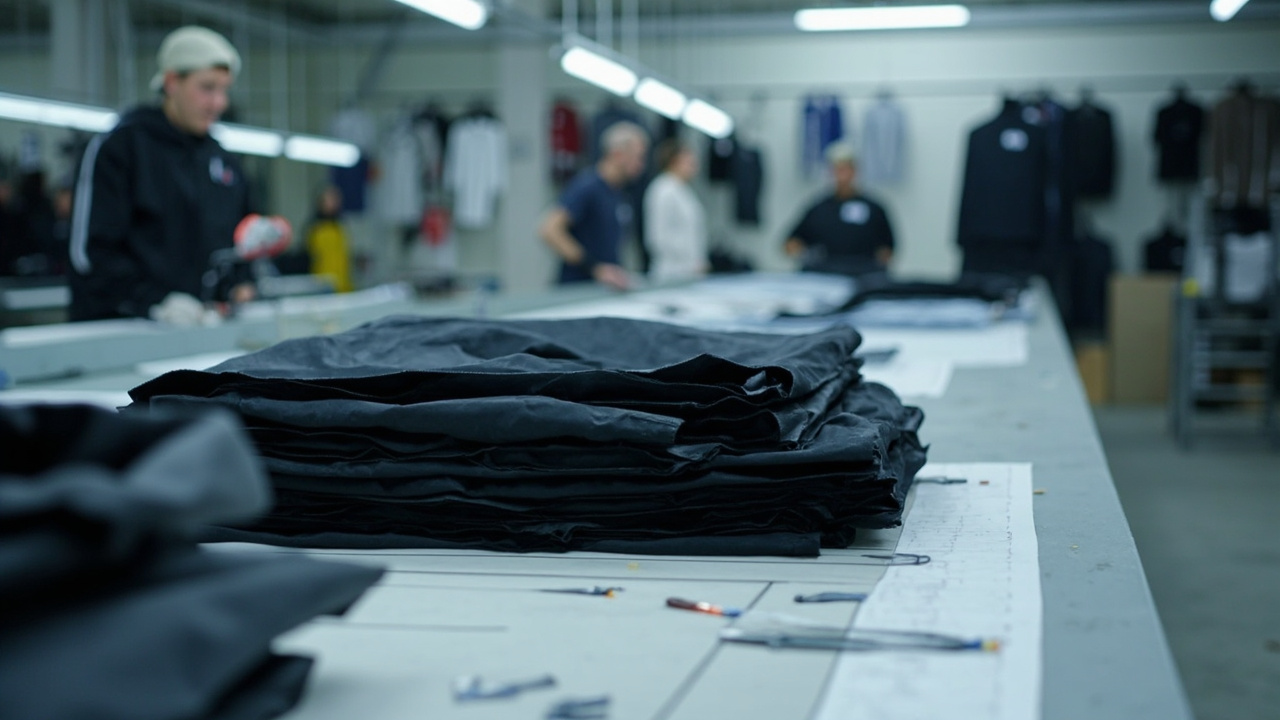 Custom Jacket Manufacturing Workflow: How Production Travels from Tech Pack to Russia 3 Fabric cutting table with stacked layered jacket panels ready for size sorting
