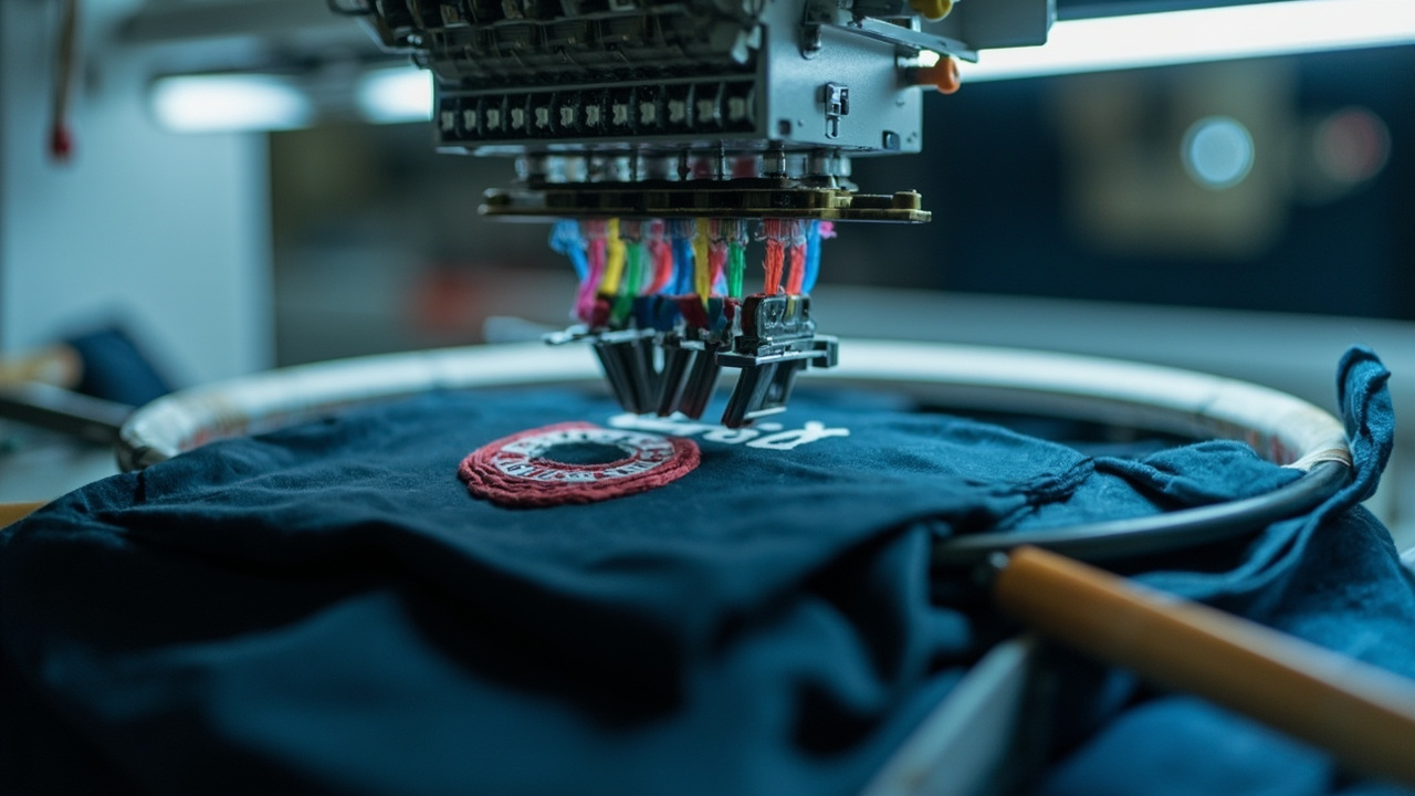 Custom Jacket Manufacturing Workflow: How Production Travels from Tech Pack to Russia 4 Computerized embroidery machine stitching a brand logo onto dark jacket fabric in a hoop frame