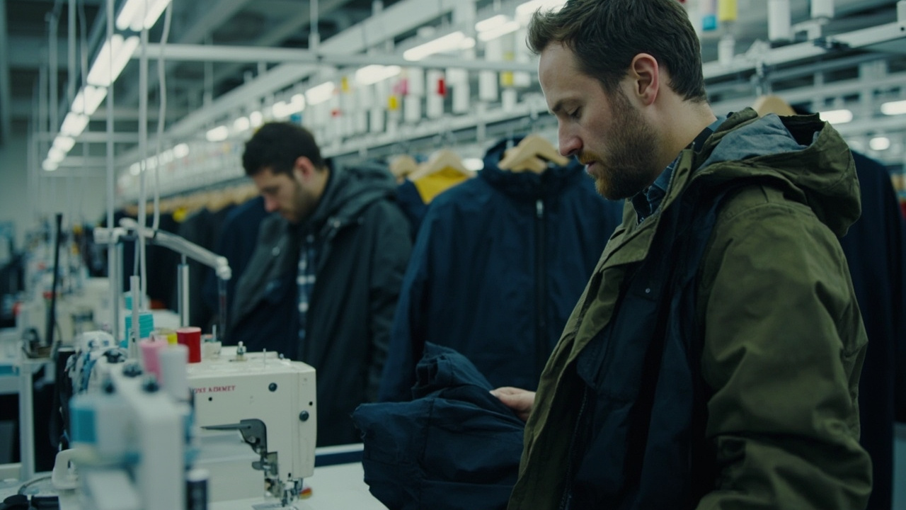 Custom Jacket Manufacturing Workflow: How Production Travels from Tech Pack to Russia 5 Garment factory sewing line with industrial machines assembling winter parkas
