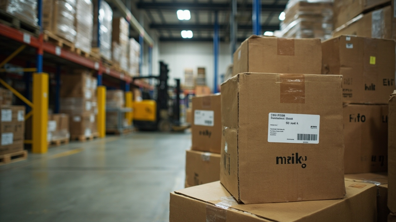 Custom Jacket Manufacturing Workflow: How Production Travels from Tech Pack to Russia 6 Stacked export cartons of finished jackets on pallets in a warehouse ready for shipping