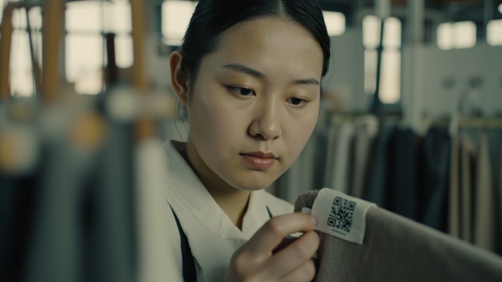 Quality inspector scanning a fabric sample QR code label inside a modern garment factory for Digital Product Passport compliance