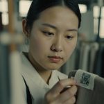 Quality inspector scanning a fabric sample QR code label inside a modern garment factory for Digital Product Passport compliance