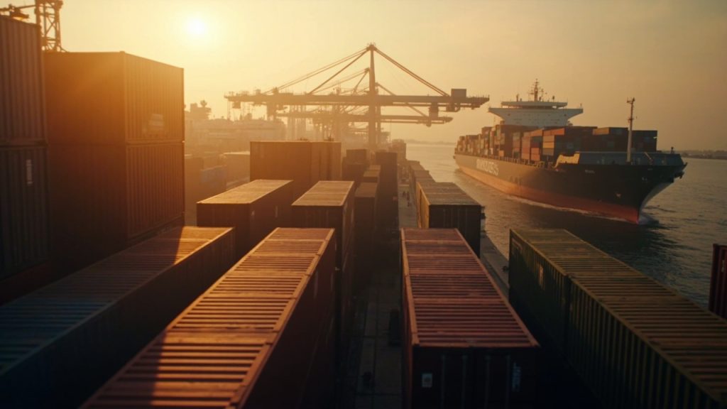 Stacked intermodal shipping containers being loaded onto a container ship at an Asian port at golden hour