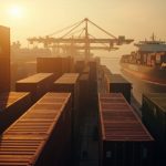 Stacked intermodal shipping containers being loaded onto a container ship at an Asian port at golden hour