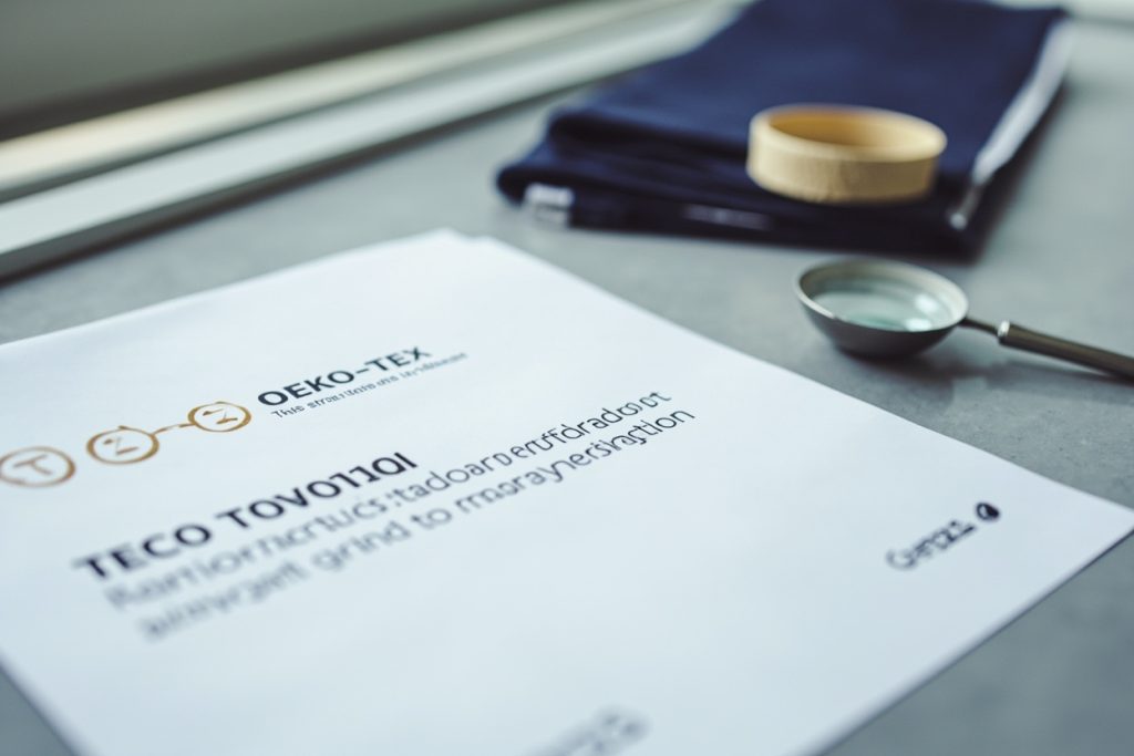 OEKO-TEX Standard 100 textile certification document on a desk with fabric swatches