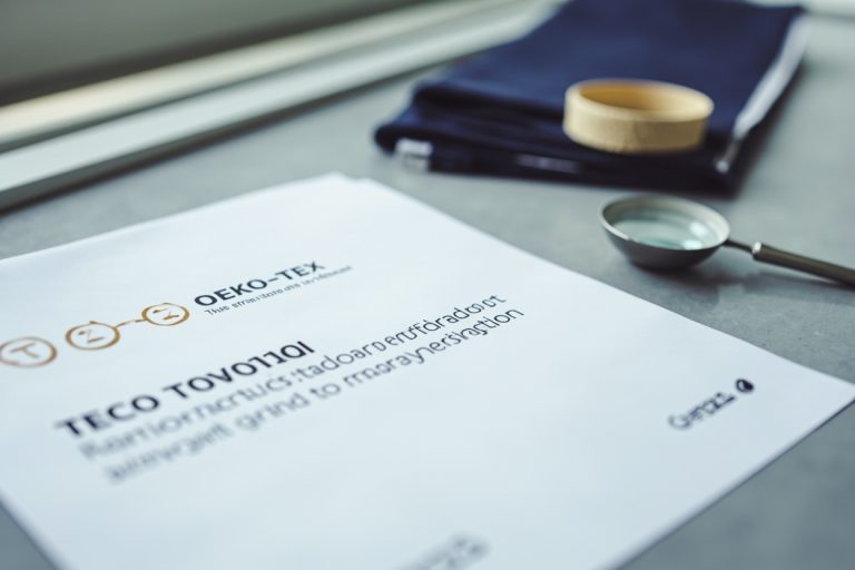 OEKO-TEX Standard 100 textile certification document on a desk with fabric swatches