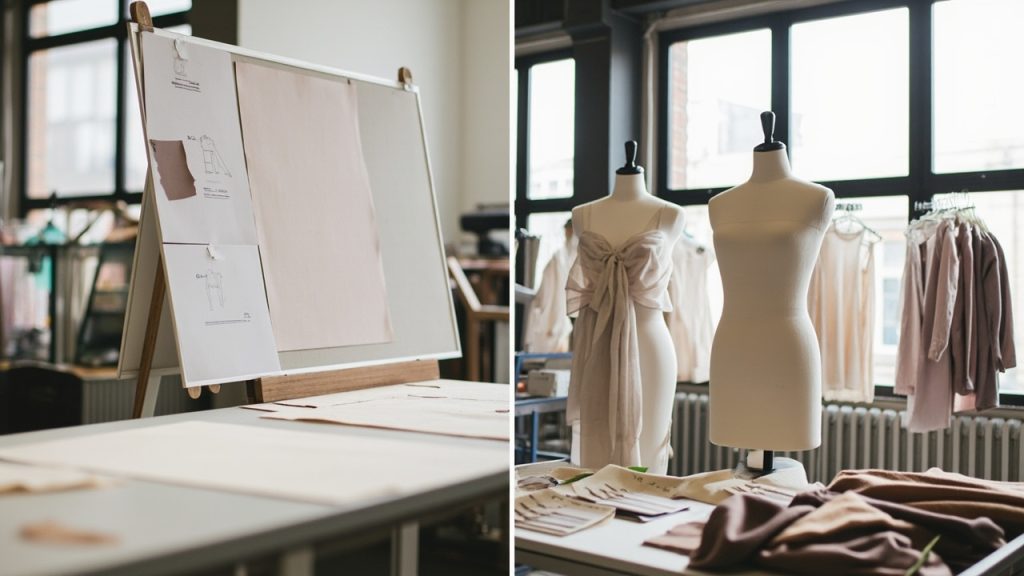 Photograph of a fashion design studio featuring two dress forms, one draped in flowing beige fabric, with garment samples and large windows in the background.