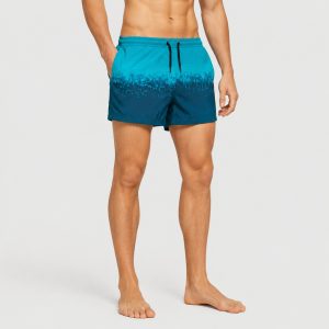 Men teal gradient swim trunks with drawstring and side pocket