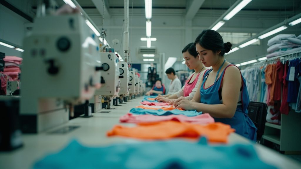 Garment workers sewing colorful swimwear on industrial sewing machines inside a clean Chinese apparel factory workshop