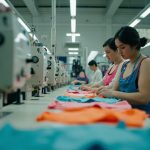 Garment workers sewing colorful swimwear on industrial sewing machines inside a clean Chinese apparel factory workshop