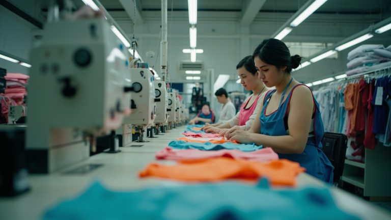 Garment workers sewing colorful swimwear on industrial sewing machines inside a clean Chinese apparel factory workshop