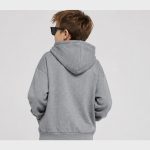 Boys heather gray WOREK hoodie back view - real boy model with sunglasses