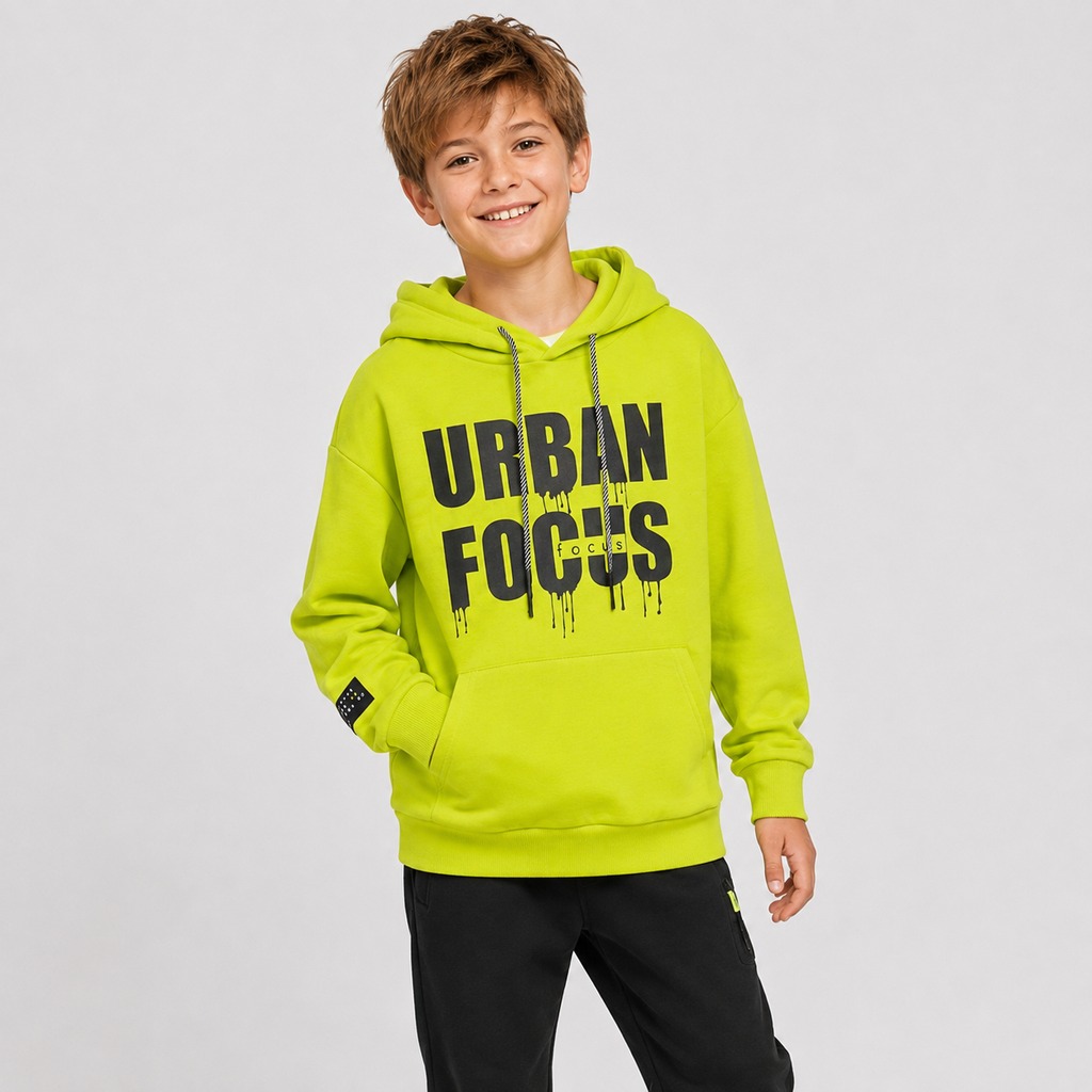 Boys Neon Yellow URBAN FOCUS Graphic Pullover Hoodie – OEM Boys Pullover Hoodie Manufacturer | Northern Garment