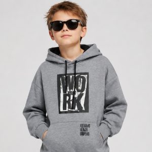 Boys heather gray WOREK hoodie front view - real boy model with sunglasses