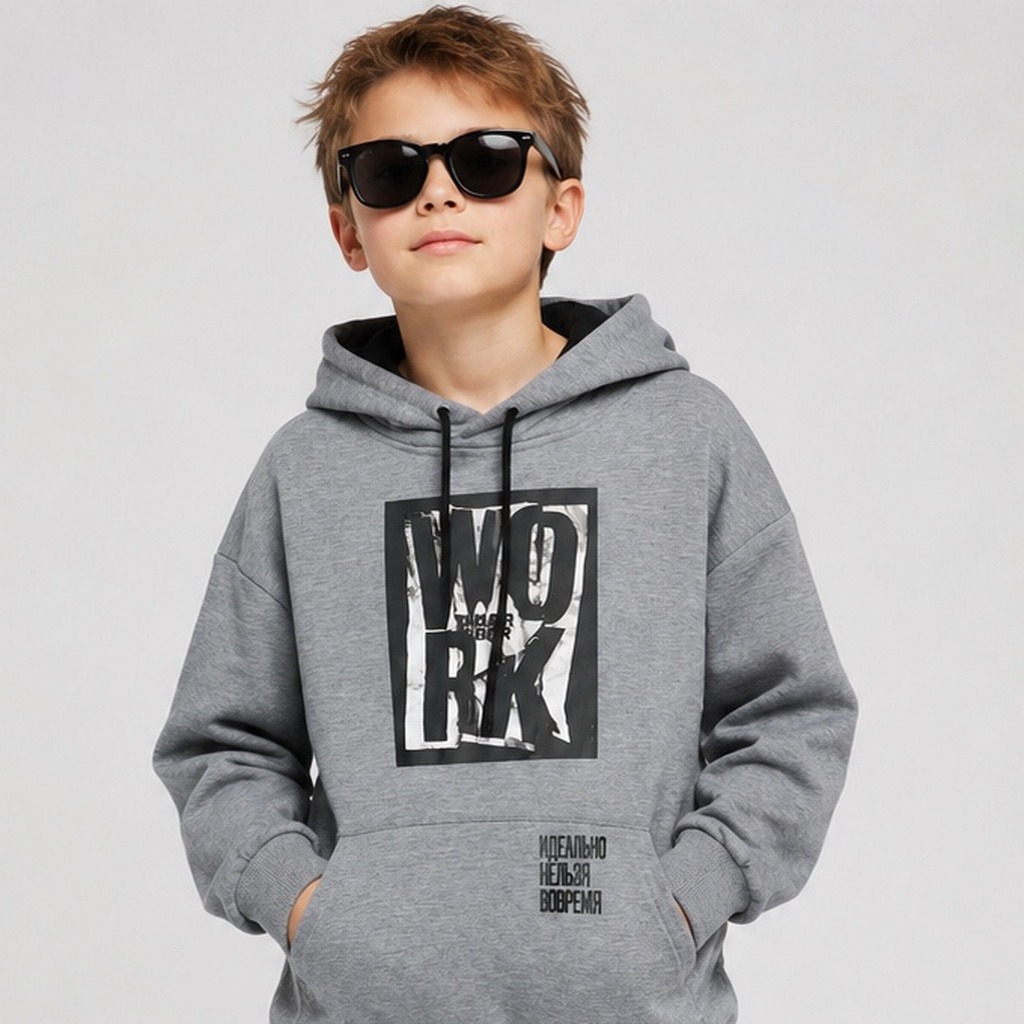 Boys Heather Gray WOREK Graphic Pullover Hoodie – OEM Boys Pullover Hoodie Manufacturer | Northern Garment