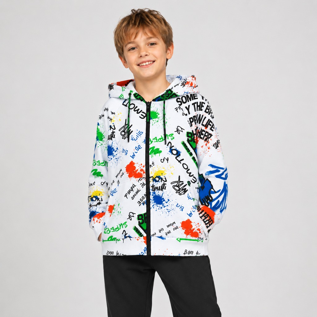 Boys Multi-Color Graffiti Print Hoodie – OEM Boys Pullover Hoodie Manufacturer | Northern Garment