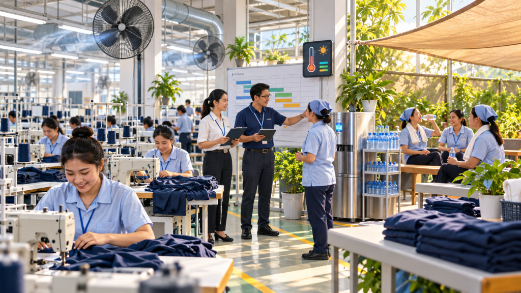 Asian garment factory using ventilation hydration rest breaks and heat monitoring to protect workers