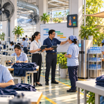 Asian garment factory using ventilation hydration rest breaks and heat monitoring to protect workers