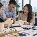 Chinese apparel supply-chain team reviewing cotton traceability records and fabric samples