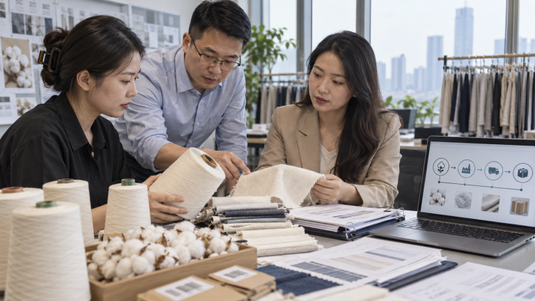 Chinese apparel supply-chain team reviewing cotton traceability records and fabric samples