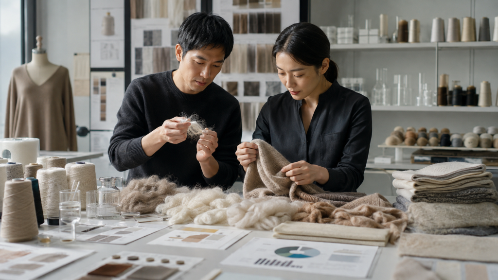 Asian textile specialists examining cashmere fiber yarn and knitted fabric samples