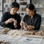 Asian textile specialists examining cashmere fiber yarn and knitted fabric samples