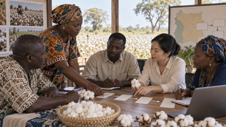 Cotton community representatives social workers and a Chinese apparel sourcing professional planning a safeguarding workflow