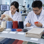 Chinese textile technicians comparing natural fibers colored polymer pellets yarns and dyed fabrics in a laboratory