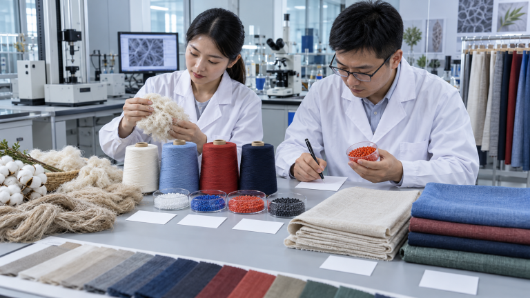 Chinese textile technicians comparing natural fibers colored polymer pellets yarns and dyed fabrics in a laboratory
