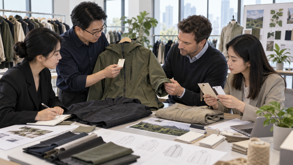Chinese apparel compliance specialists and an international buyer reviewing outerwear labels and durability information