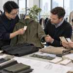 Chinese apparel compliance specialists and an international buyer reviewing outerwear labels and durability information