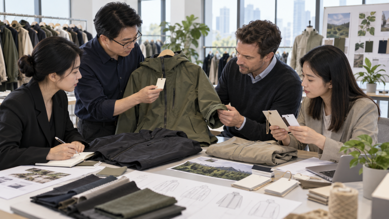 Chinese apparel compliance specialists and an international buyer reviewing outerwear labels and durability information