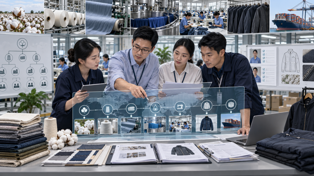 Asian apparel compliance team mapping material and factory traceability for an outerwear supply chain in China