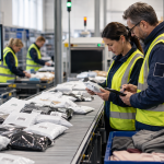 European customs team inspecting low-value apparel parcels at a logistics hub