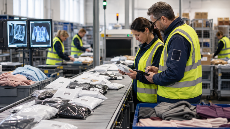 European customs team inspecting low-value apparel parcels at a logistics hub
