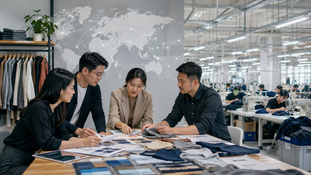 Asian apparel sourcing team reviewing garment samples and international supply planning
