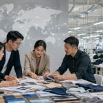 Asian apparel sourcing team reviewing garment samples and international supply planning