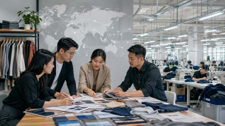 Asian apparel sourcing team reviewing garment samples and international supply planning