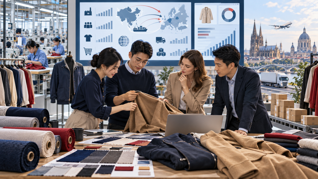 Asian apparel sourcing team reviewing European textile market data and garment samples in a Chinese factory
