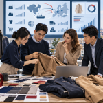 Asian apparel sourcing team reviewing European textile market data and garment samples in a Chinese factory
