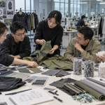Chinese apparel development team evaluating circular outerwear materials and recycling options